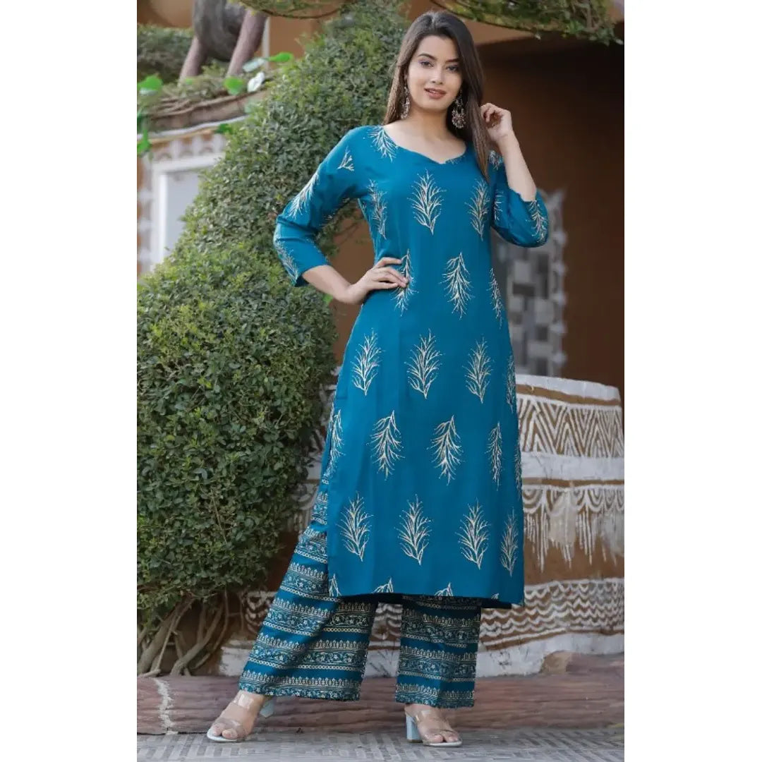 Reliable Blue Rayon Printed Kurta Palazzo Set