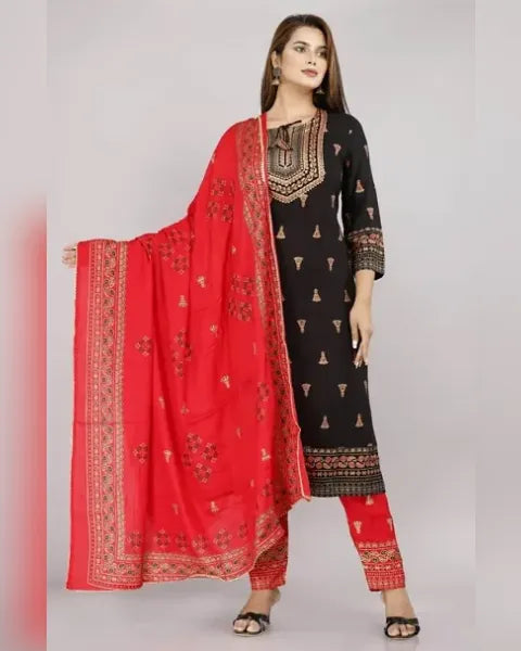 Comfy Rayon Printed Kurta Pant Dupatta Set