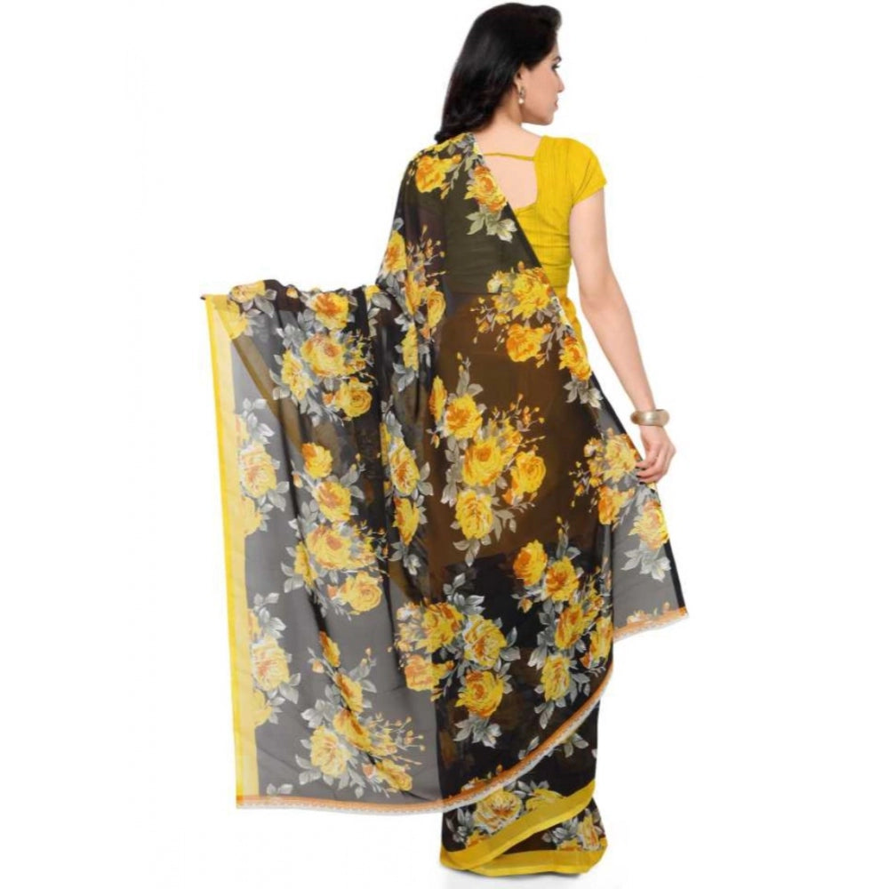 Printed Faux Georgette Yellow Color Saree