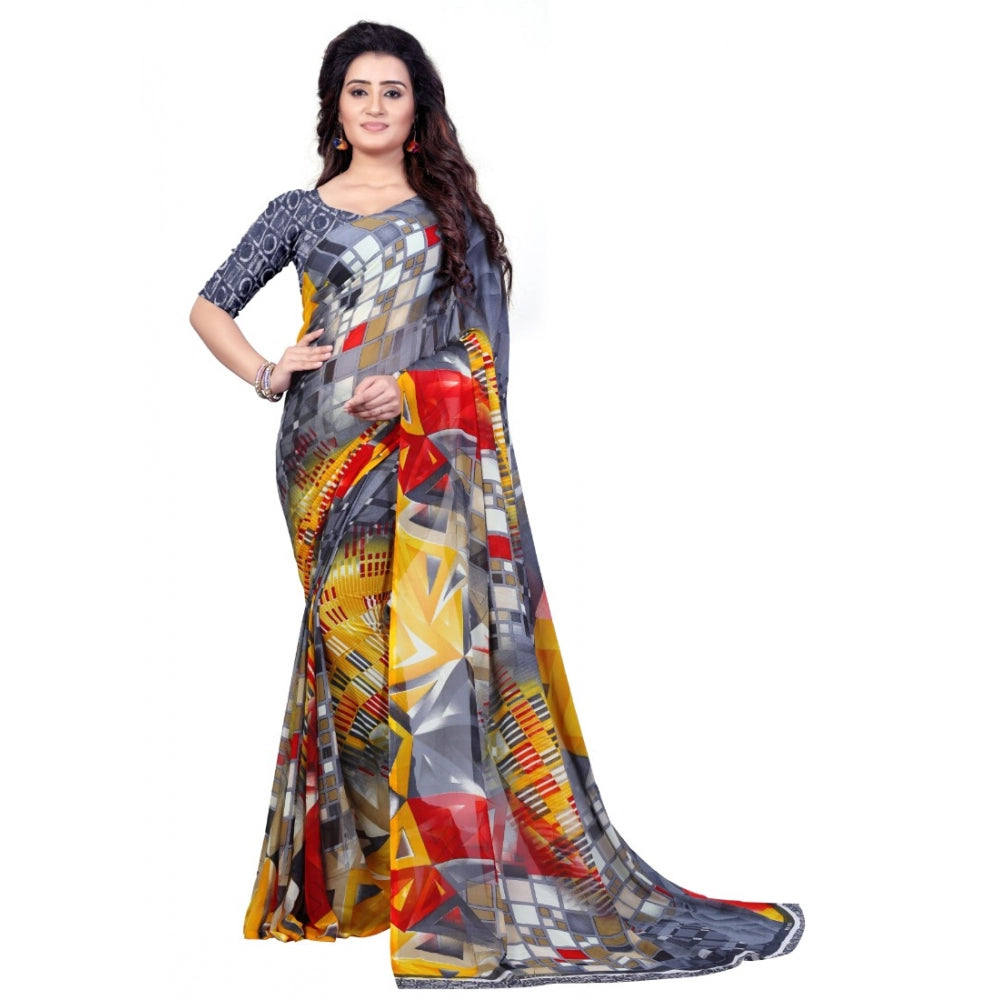 Printed Faux Georgette Grey Color Saree