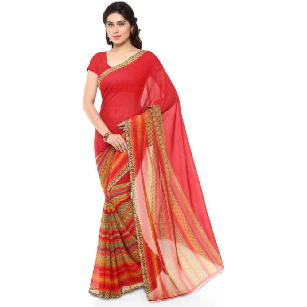 Printed Faux Georgette Red Color Saree