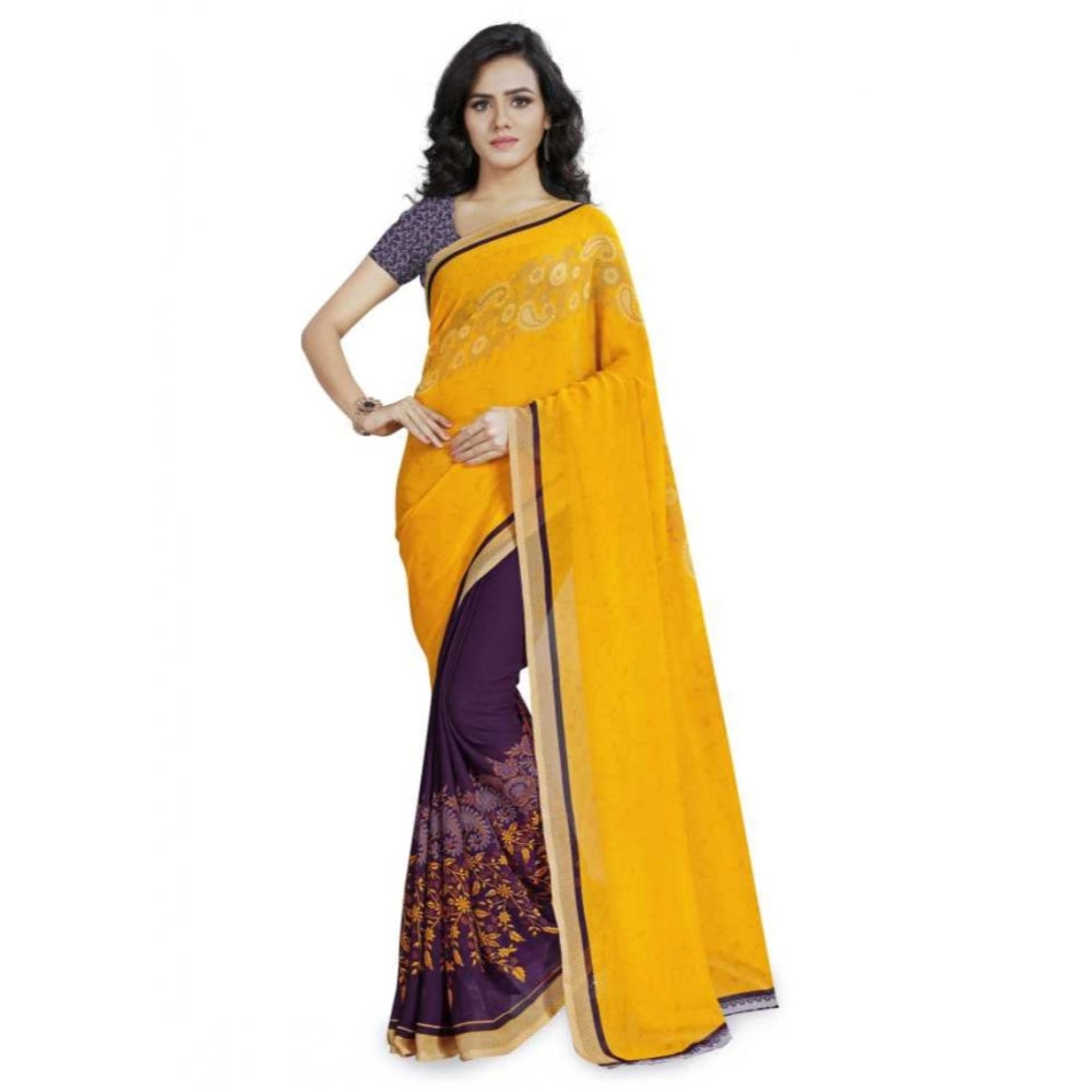 Printed Faux Georgette Yellow Color Saree