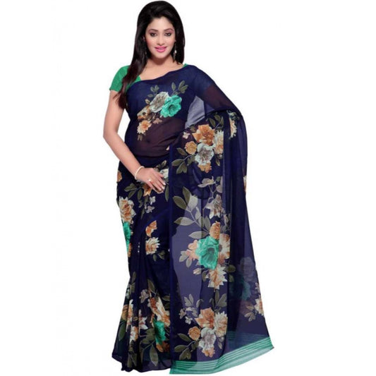 Classy Printed Faux Georgette Blue Color Saree