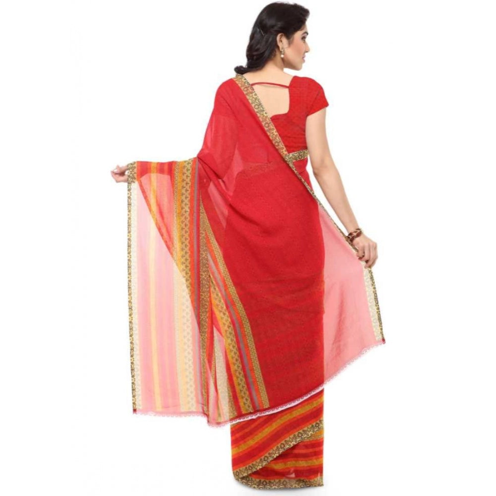 Printed Faux Georgette Red Color Saree