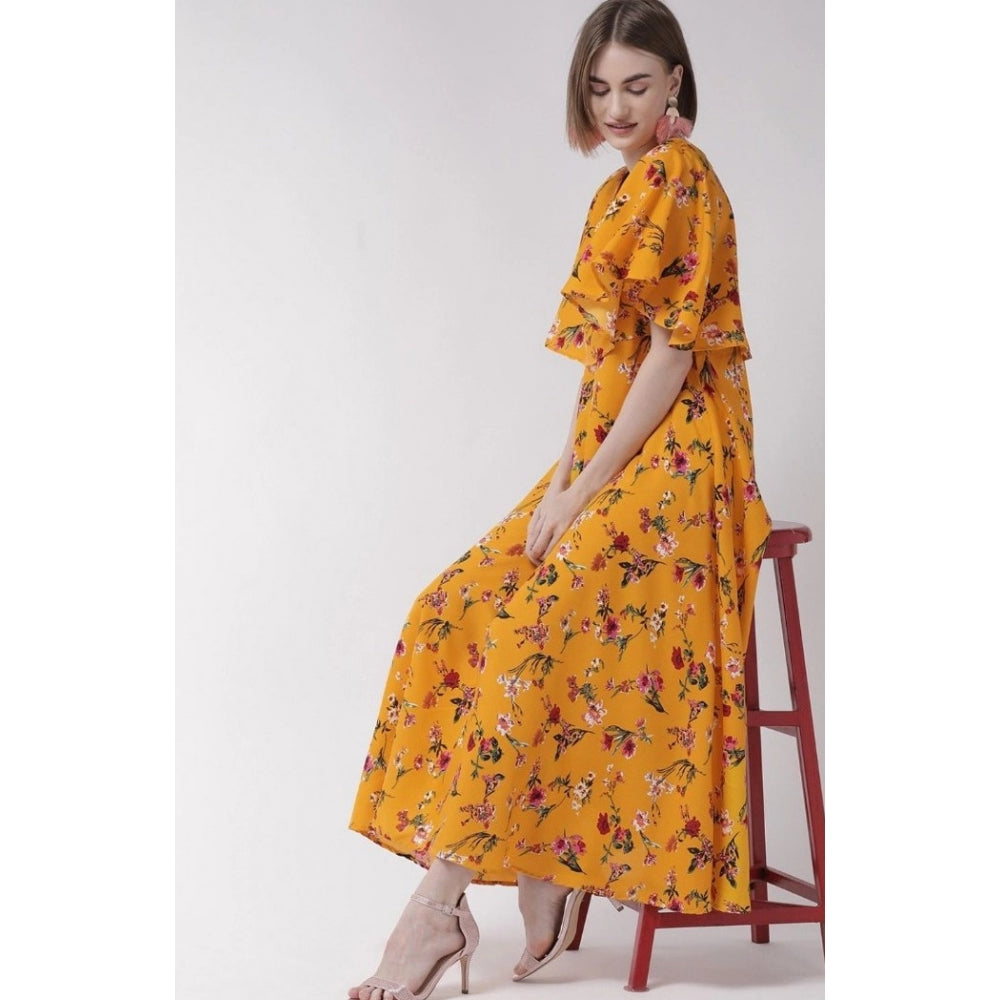 Classy Crepe Floral Half Sleeves Full Length Gown