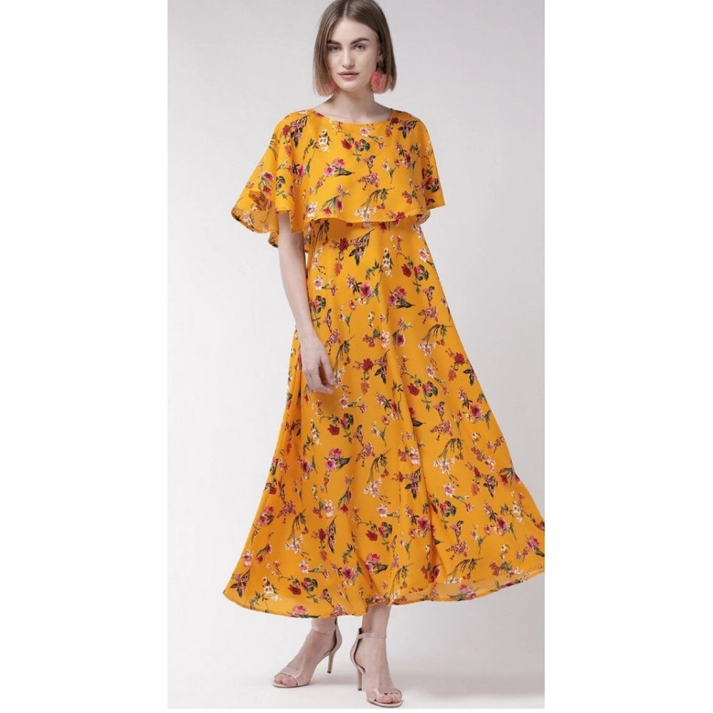 Classy Crepe Floral Half Sleeves Full Length Gown