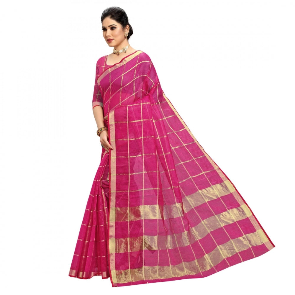 Pretty Kota Doria Cotton Checkered Saree With Blouse piece