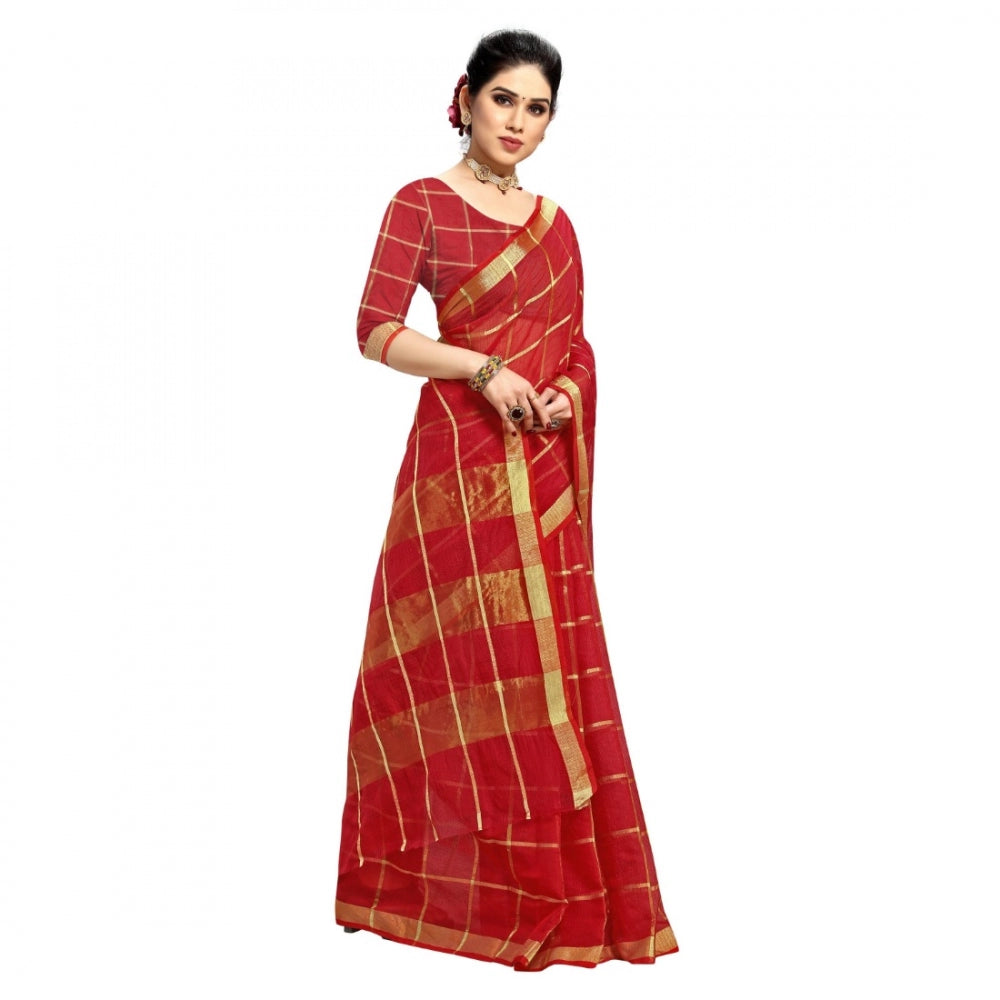 Pretty Kota Doria Cotton Checkered Saree With Blouse piece