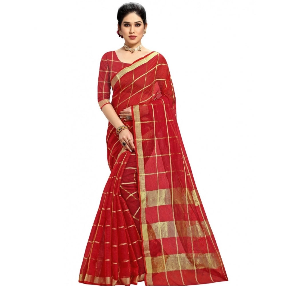 Pretty Kota Doria Cotton Checkered Saree With Blouse piece