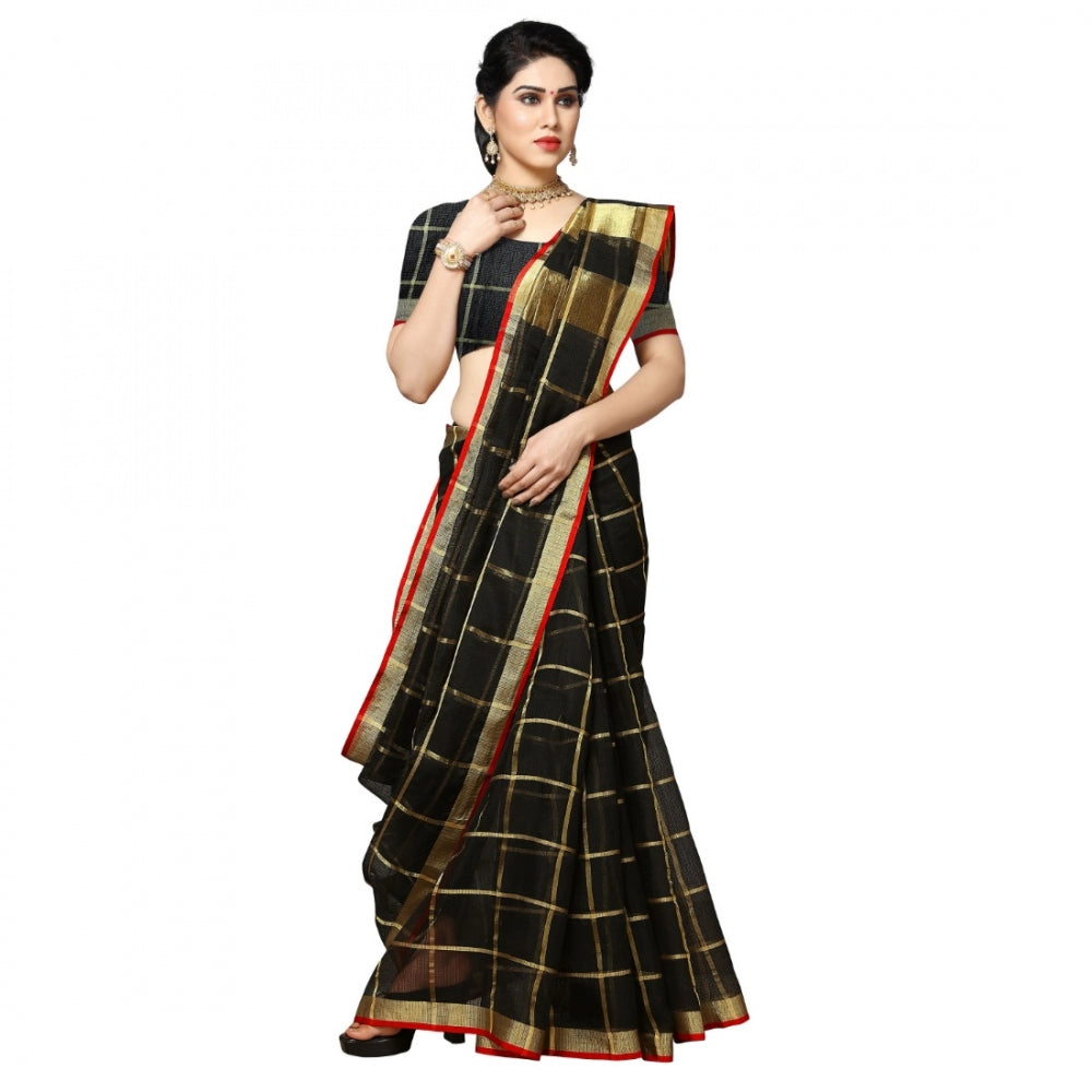 Pretty Kota Doria Cotton Checkered Saree With Blouse piece