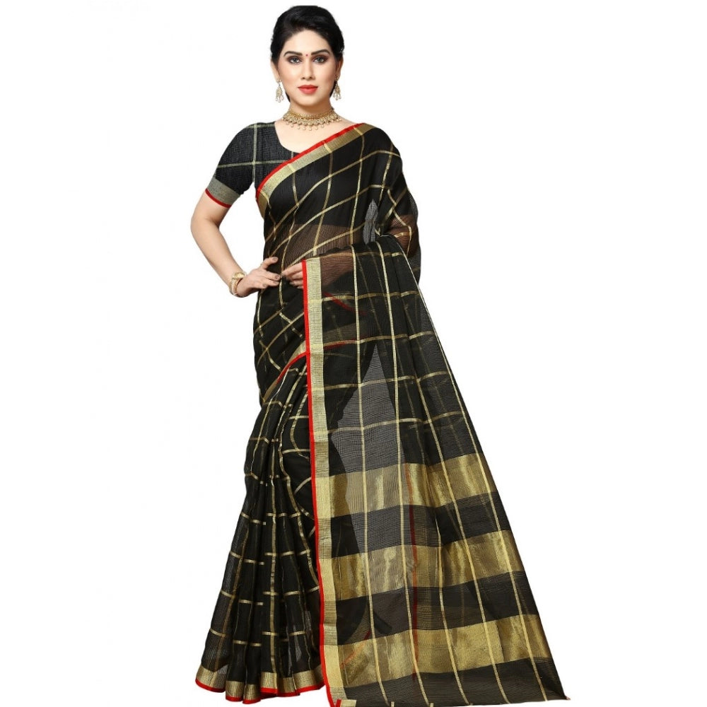 Pretty Kota Doria Cotton Checkered Saree With Blouse piece