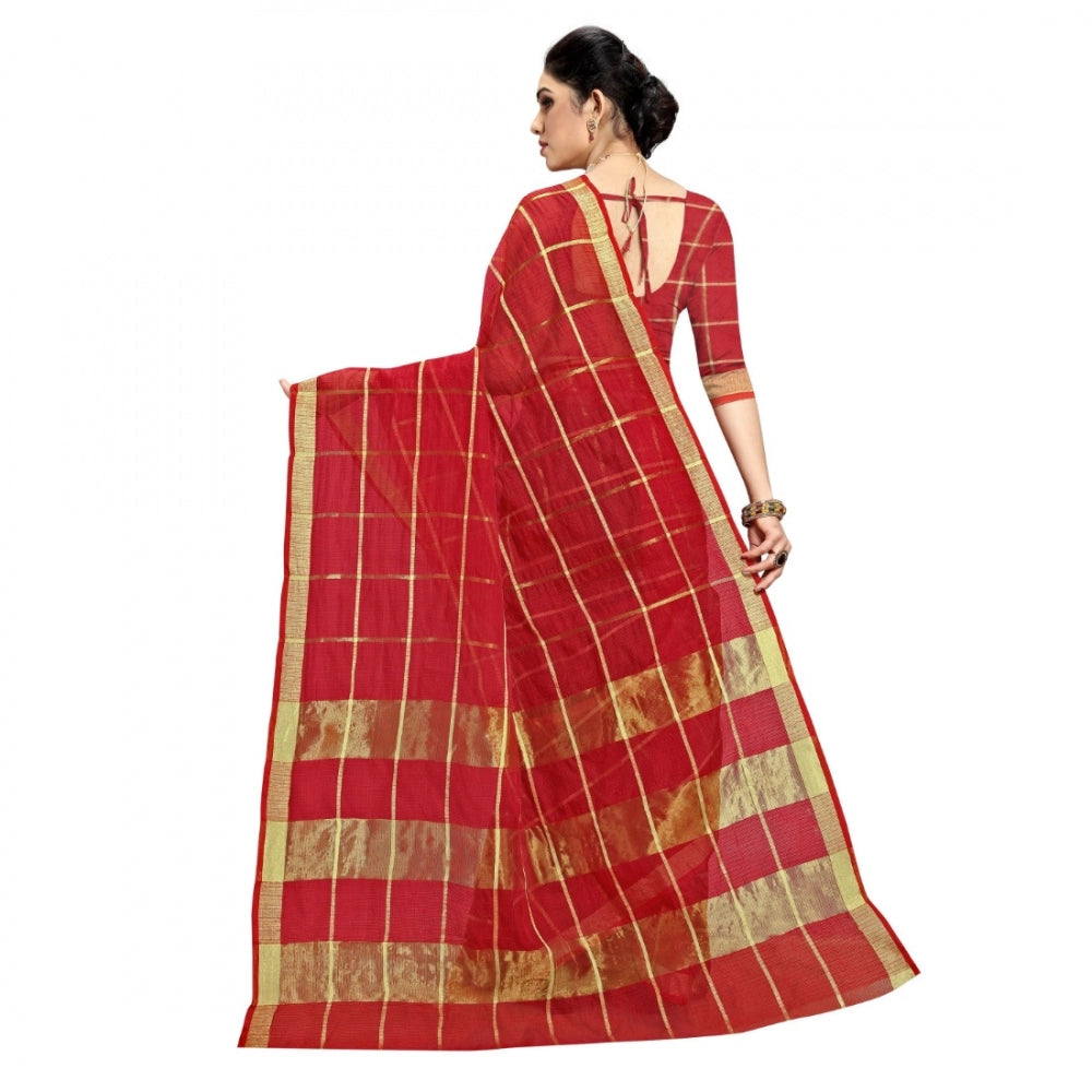 Pretty Kota Doria Cotton Checkered Saree With Blouse piece