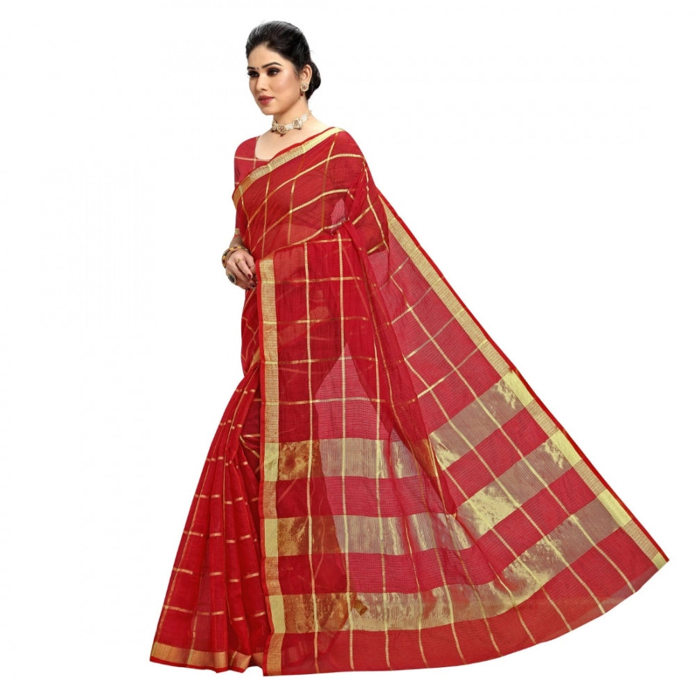 Pretty Kota Doria Cotton Checkered Saree With Blouse piece