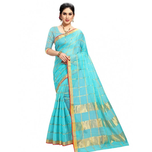 Pretty Kota Doria Cotton Checkered Saree With Blouse piece