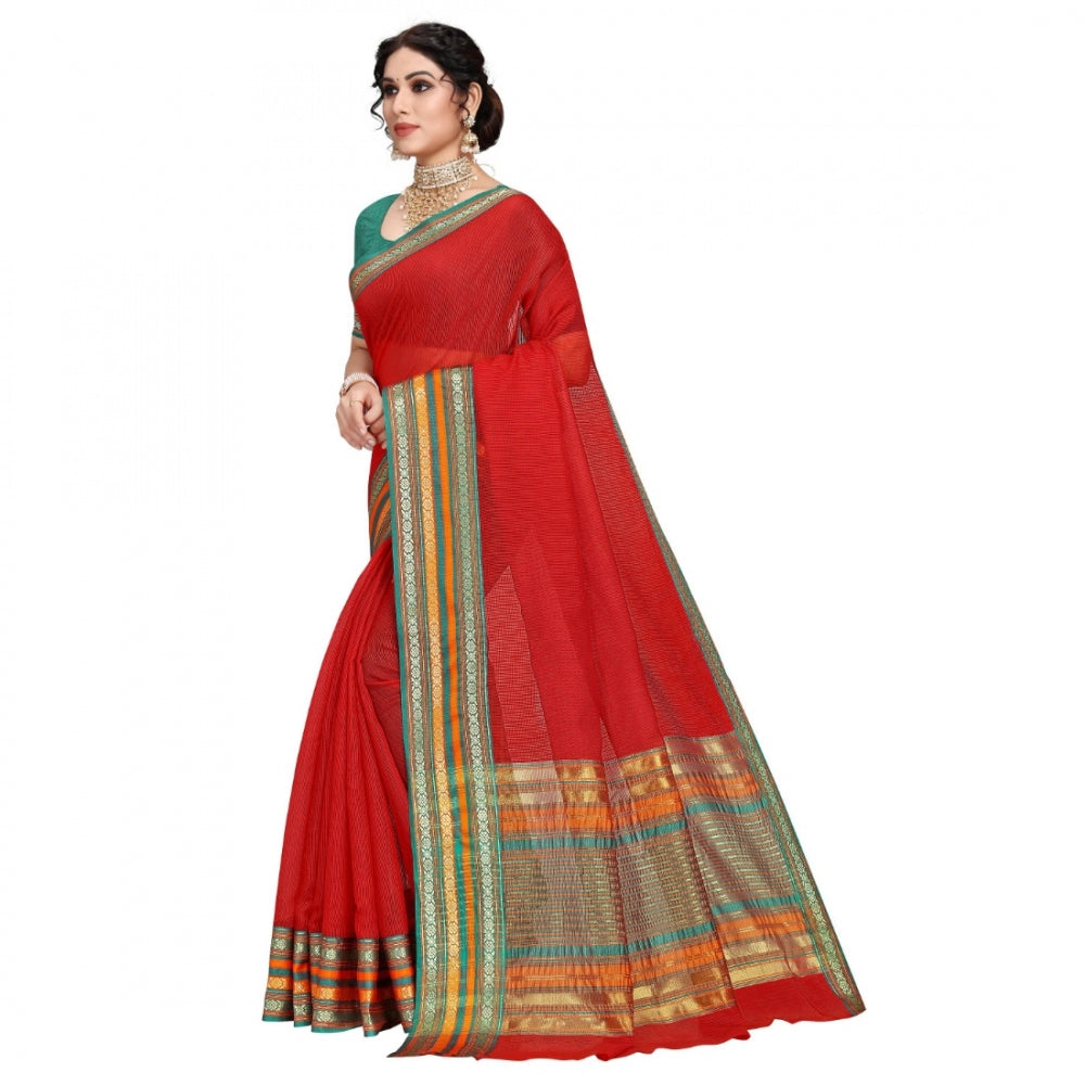 Pretty Kota Doria Cotton Bordered Saree With Blouse piece