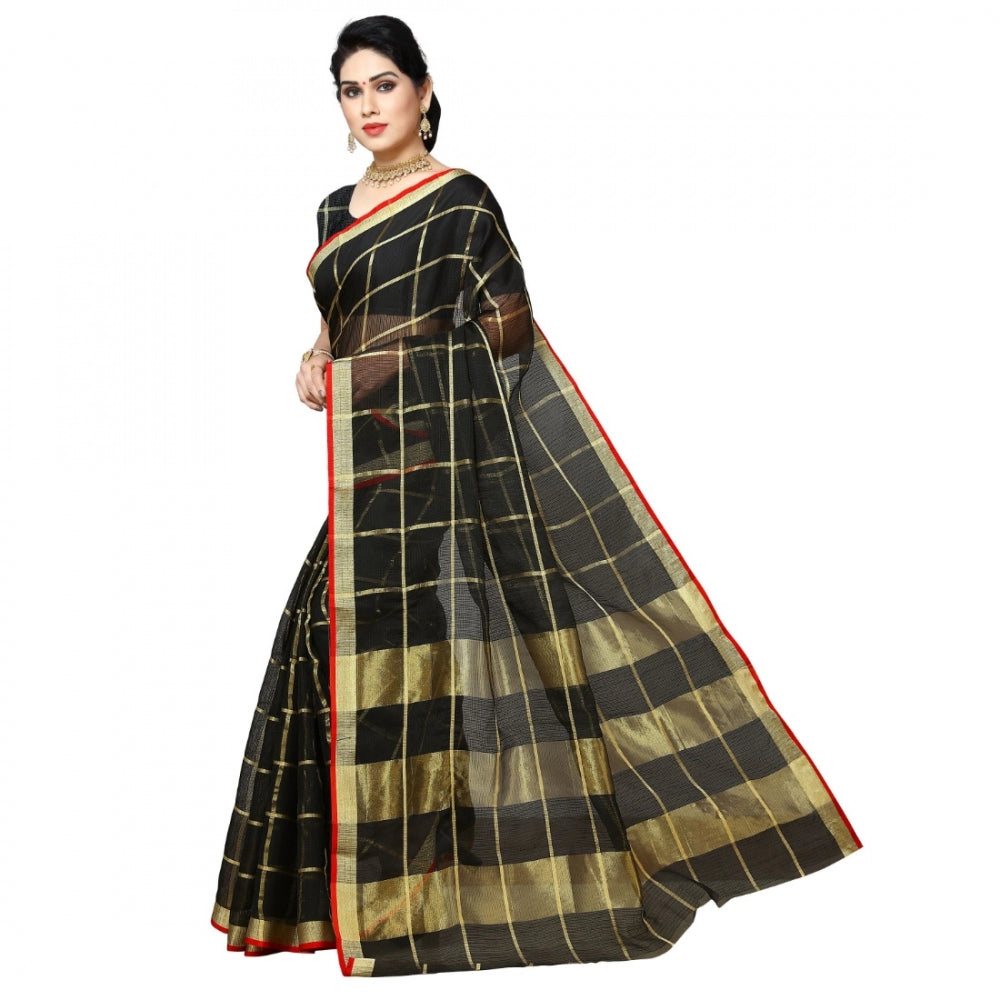 Pretty Kota Doria Cotton Checkered Saree With Blouse piece