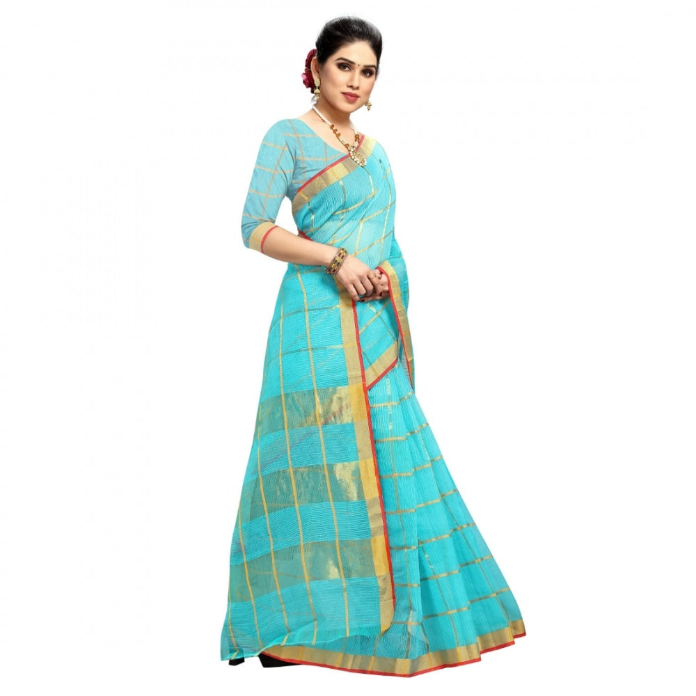 Pretty Kota Doria Cotton Checkered Saree With Blouse piece