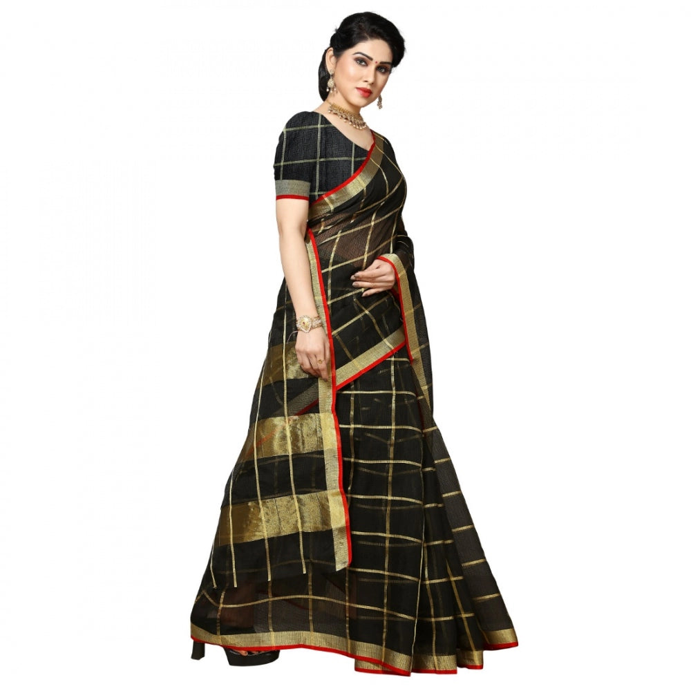 Pretty Kota Doria Cotton Checkered Saree With Blouse piece