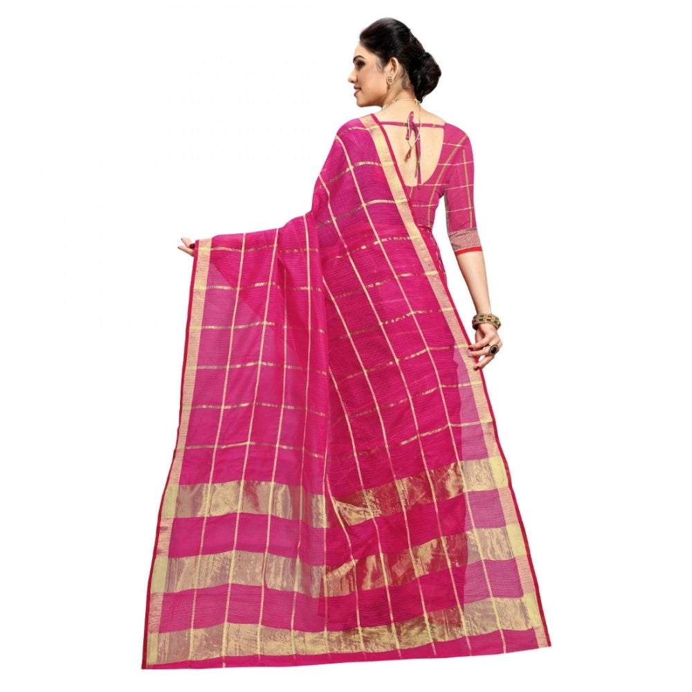 Pretty Kota Doria Cotton Checkered Saree With Blouse piece