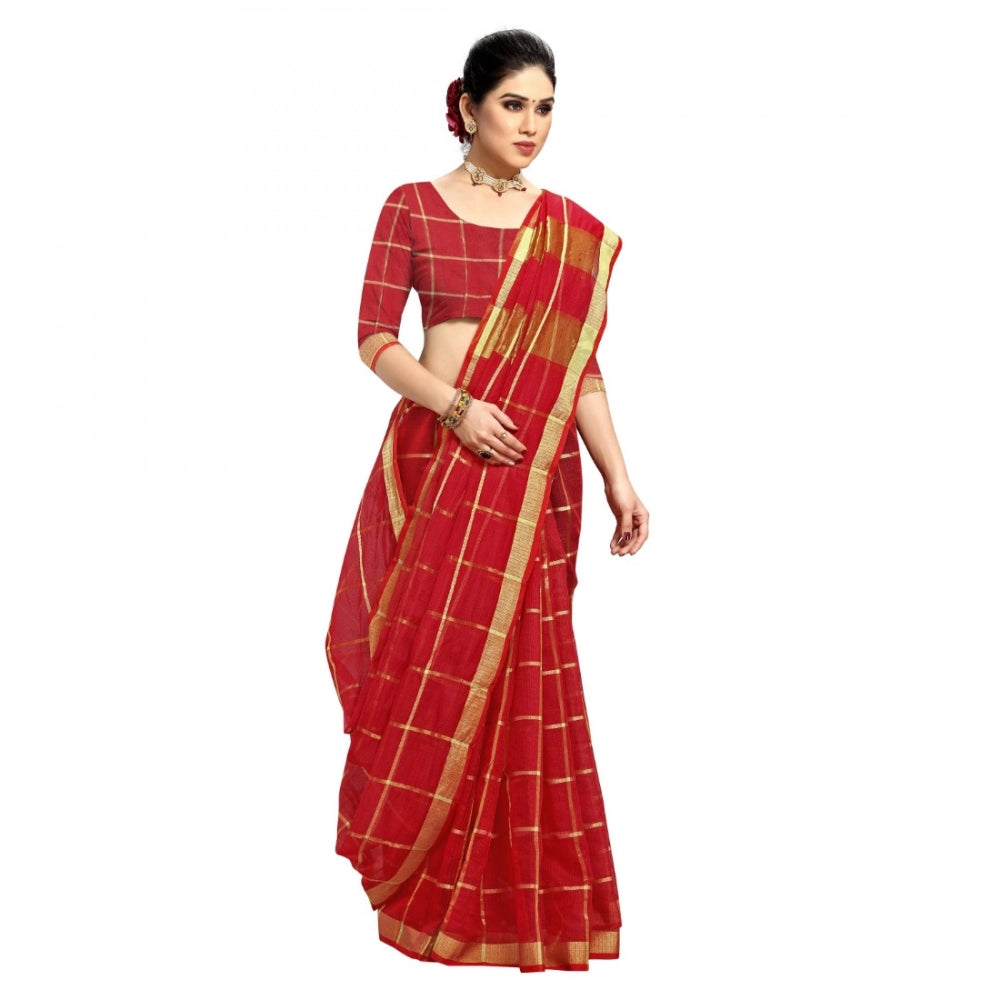 Pretty Kota Doria Cotton Checkered Saree With Blouse piece