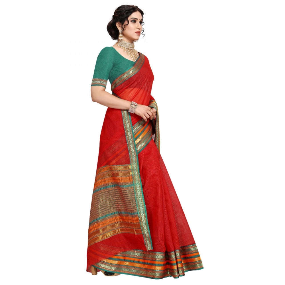 Pretty Kota Doria Cotton Bordered Saree With Blouse piece