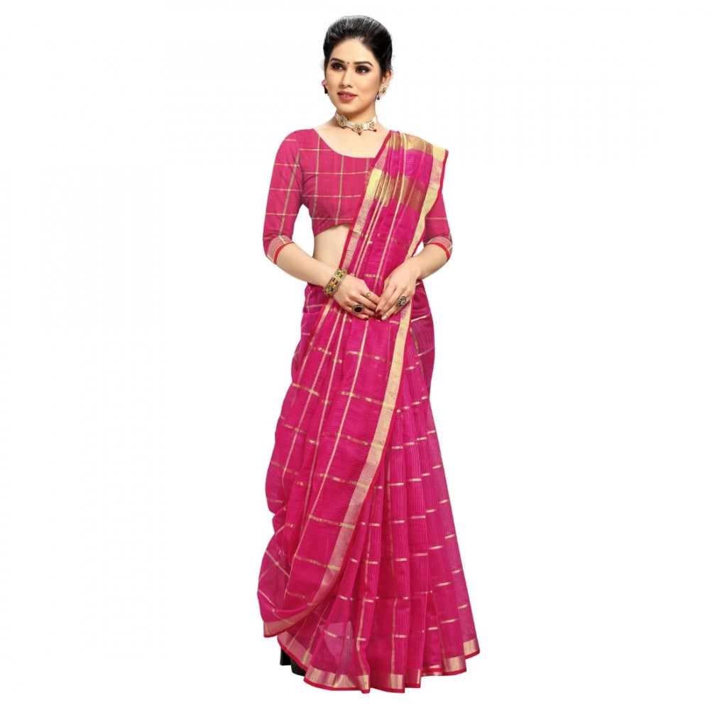 Pretty Kota Doria Cotton Checkered Saree With Blouse piece