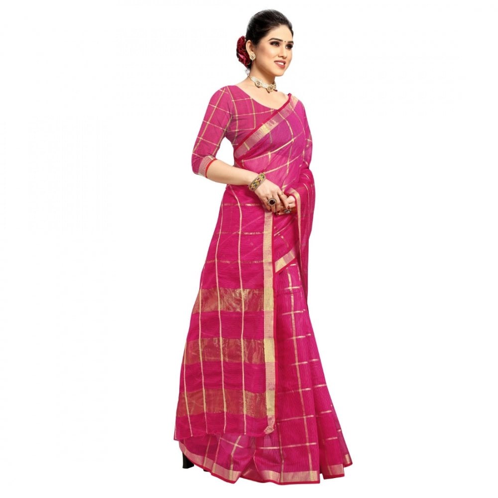 Pretty Kota Doria Cotton Checkered Saree With Blouse piece