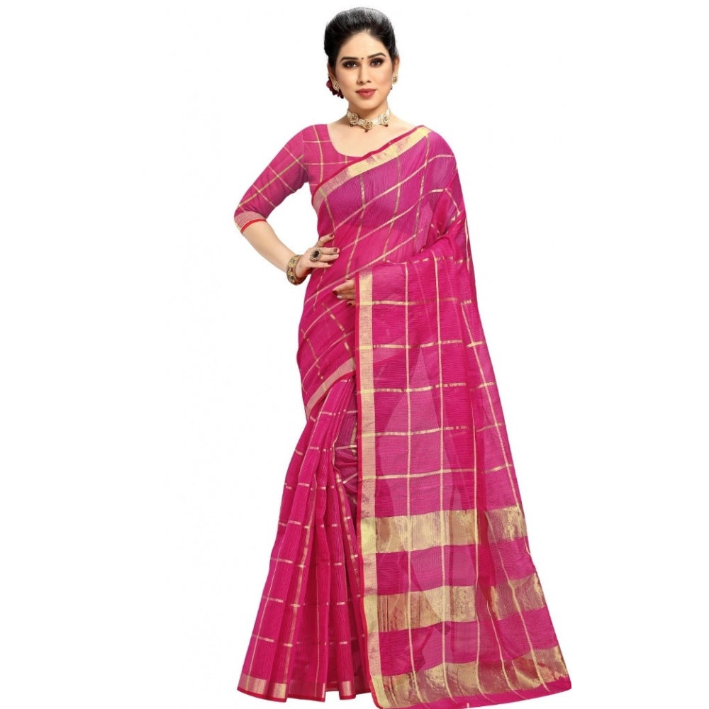 Pretty Kota Doria Cotton Checkered Saree With Blouse piece