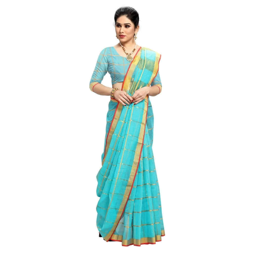 Pretty Kota Doria Cotton Checkered Saree With Blouse piece