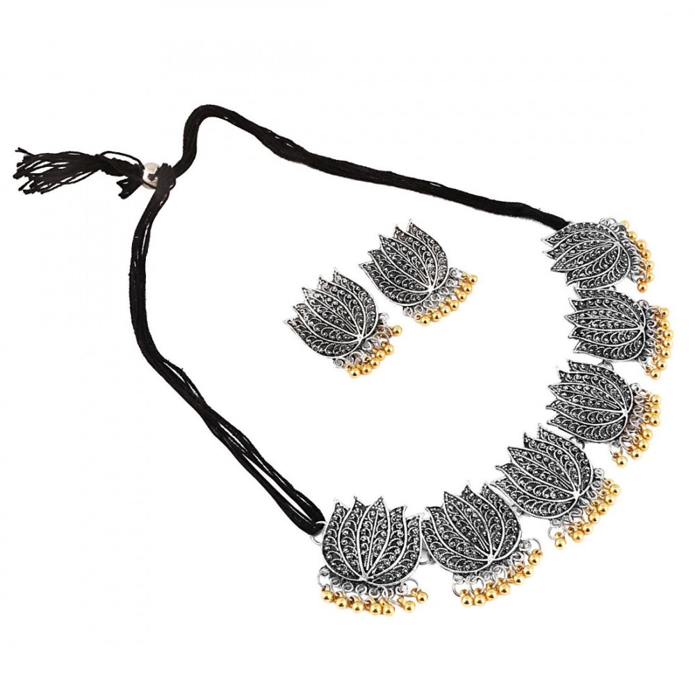 Precious Antique Silver Oxidised Plated Tribal Afghani Necklace With Earrings Set For Women