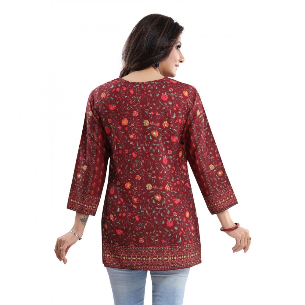 Alluring Quarter Sleeve Faux Crepe Printed Short Kurti Tunic Top