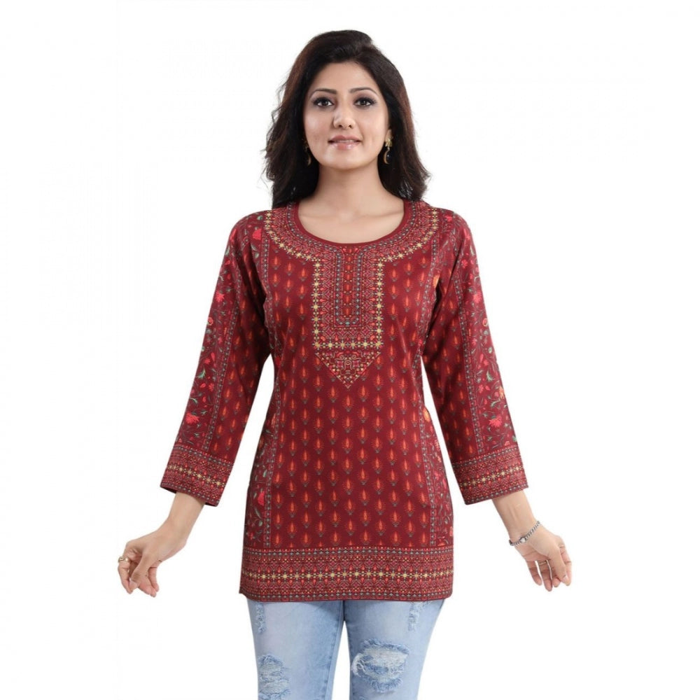 Alluring Quarter Sleeve Faux Crepe Printed Short Kurti Tunic Top