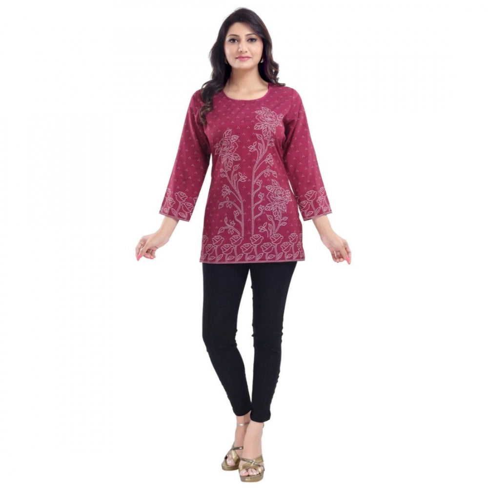 Alluring Quarter Sleeve Faux Crepe Printed Short Kurti Tunic Top