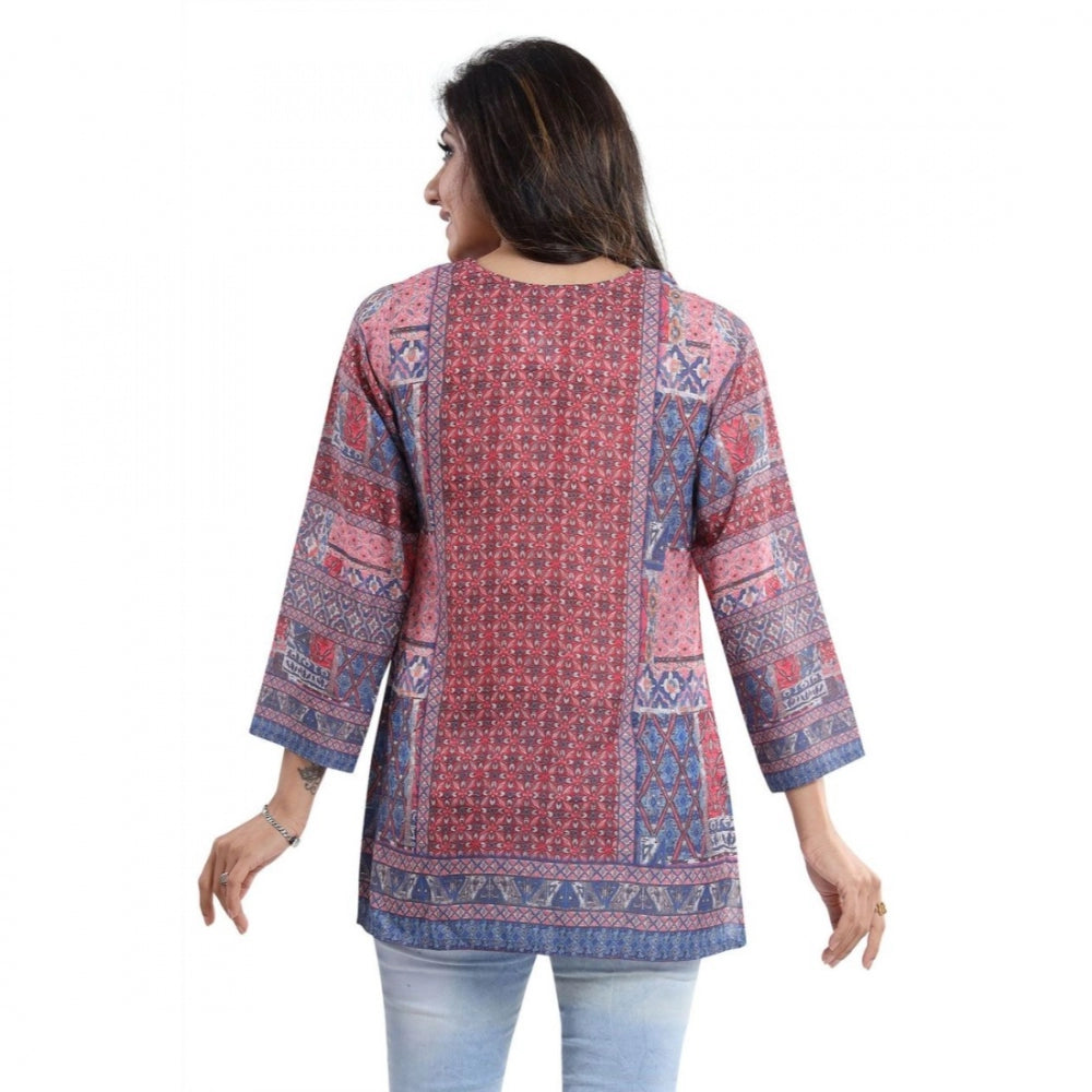 Wonderful Quarter Sleeve Faux Crepe Printed Short Kurti Tunic Top