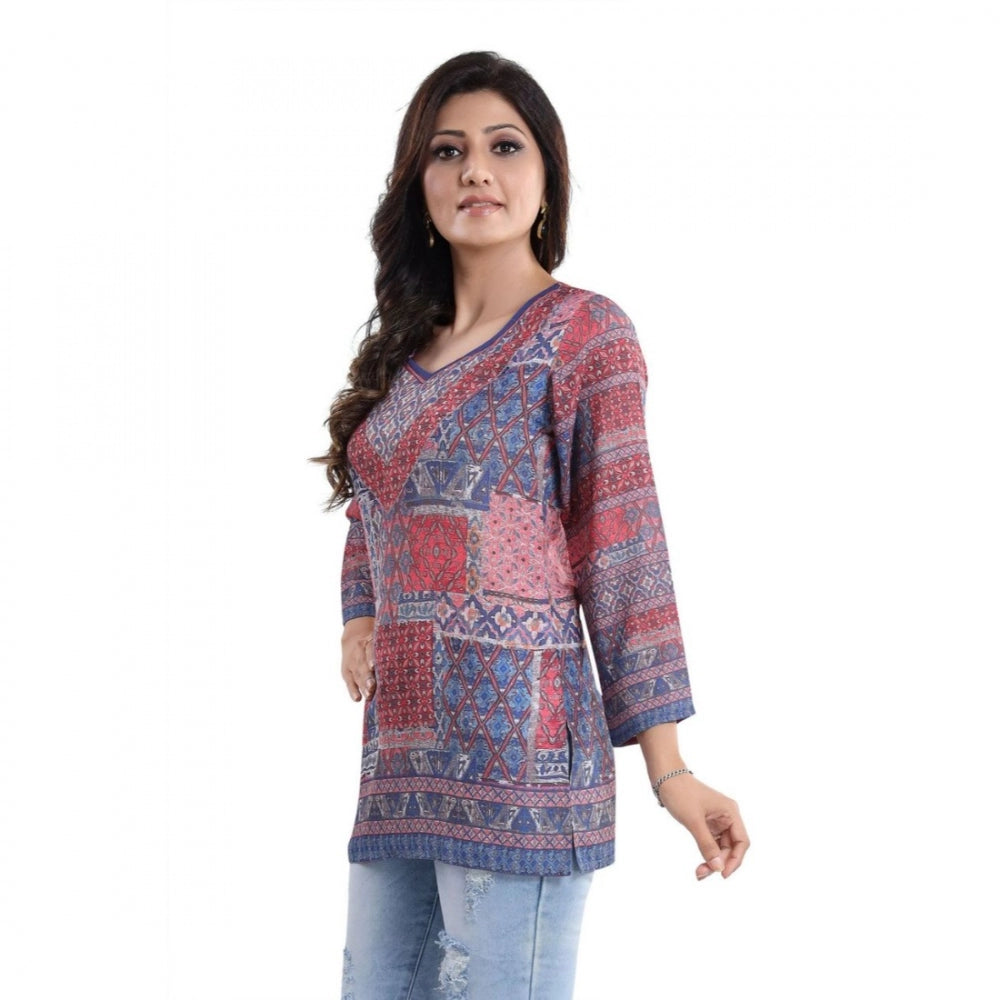 Wonderful Quarter Sleeve Faux Crepe Printed Short Kurti Tunic Top