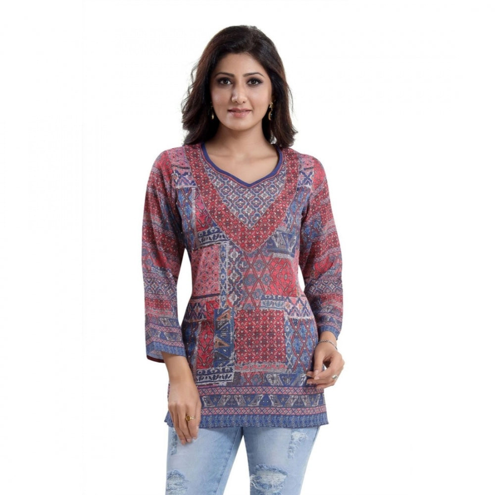 Wonderful Quarter Sleeve Faux Crepe Printed Short Kurti Tunic Top