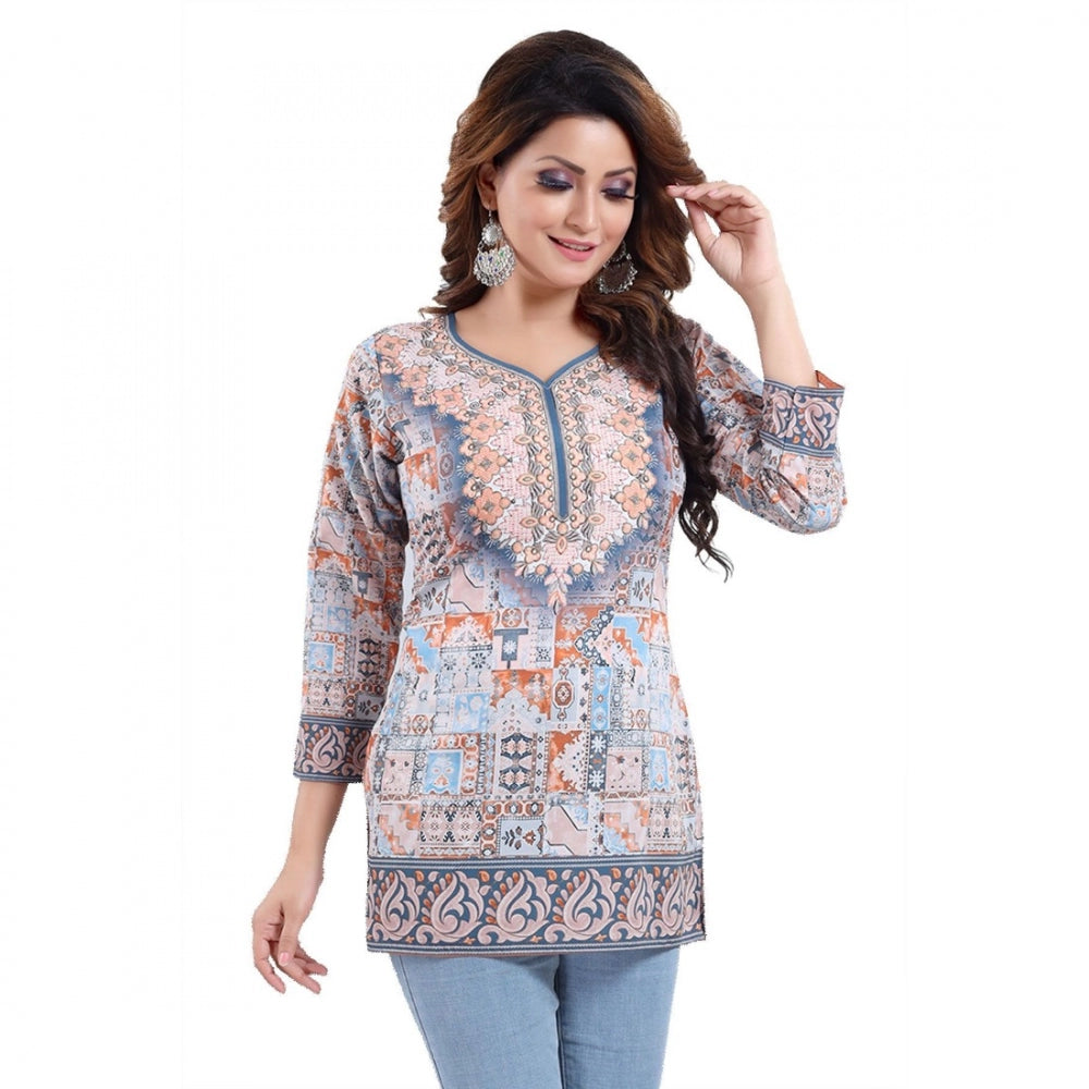 Alluring Quarter Sleeve Faux Crepe Printed Short Kurti Tunic Top