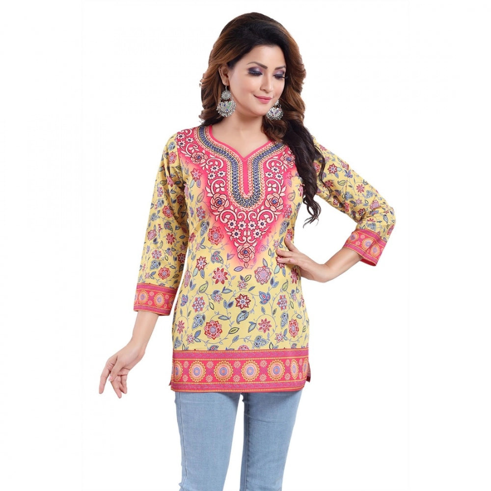 Alluring Quarter Sleeve Faux Crepe Printed Short Kurti Tunic Top