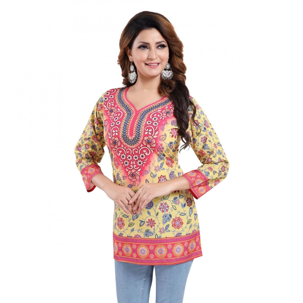 Alluring Quarter Sleeve Faux Crepe Printed Short Kurti Tunic Top