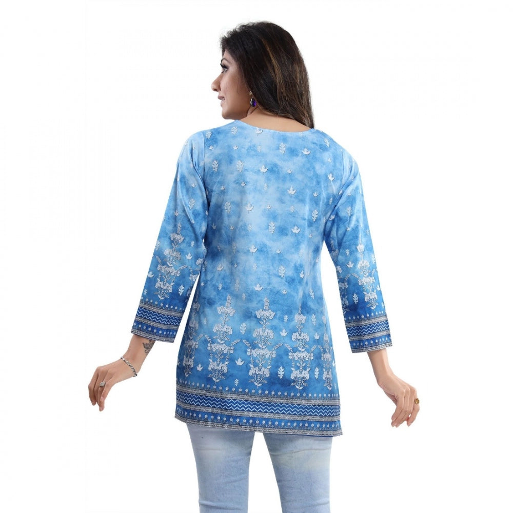 Alluring Quarter Sleeve Faux Crepe Printed Short Kurti Tunic Top