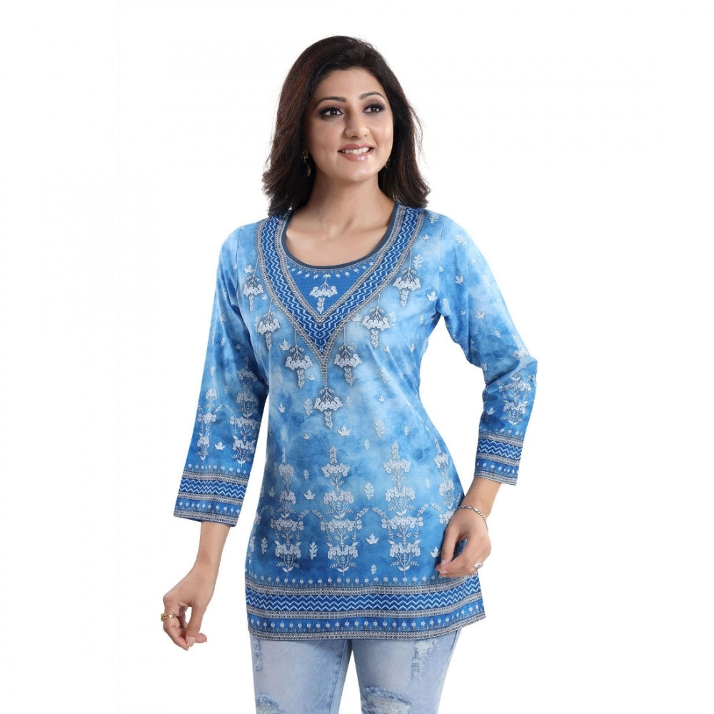 Alluring Quarter Sleeve Faux Crepe Printed Short Kurti Tunic Top