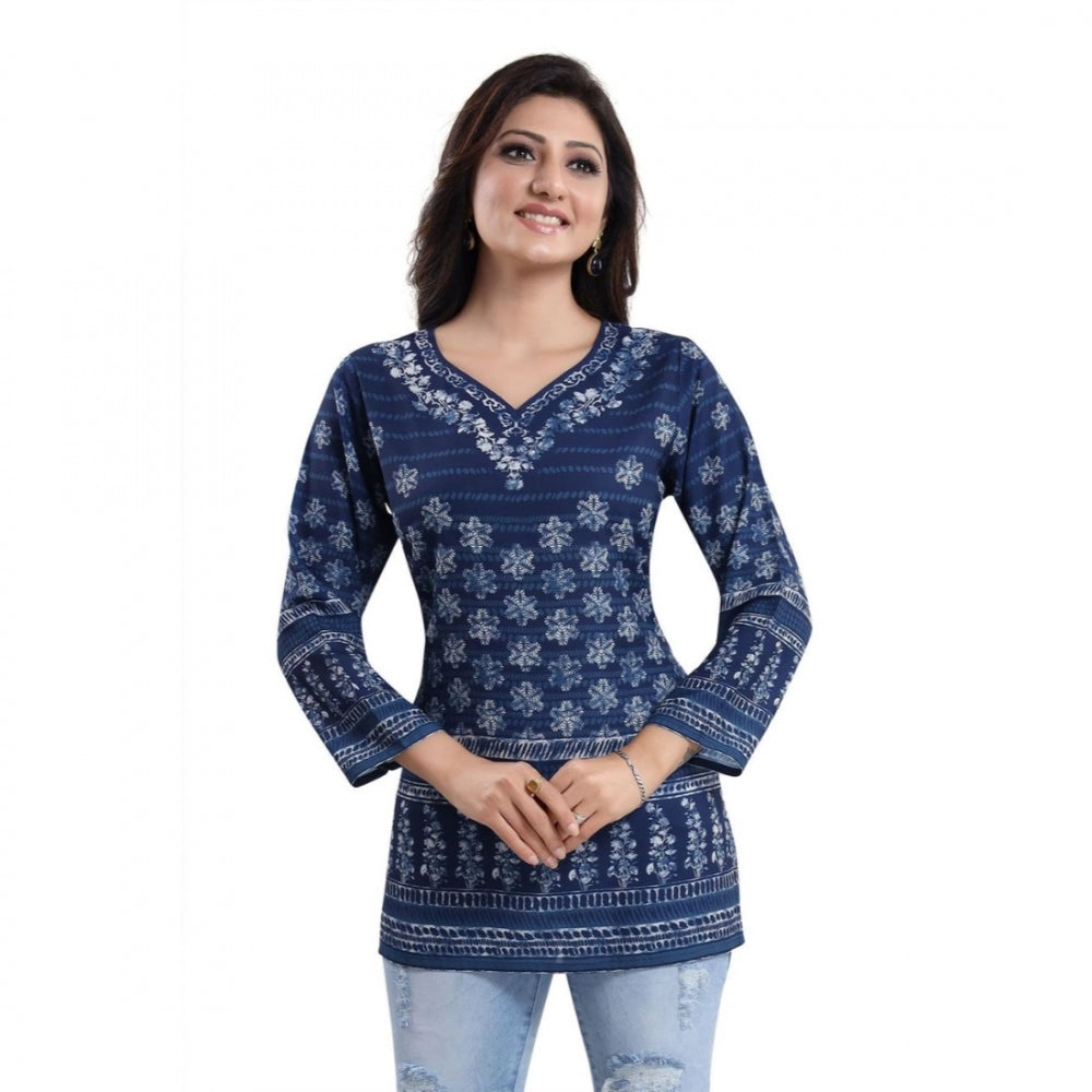 Alluring Quarter Sleeve Faux Crepe Printed Short Kurti Tunic Top