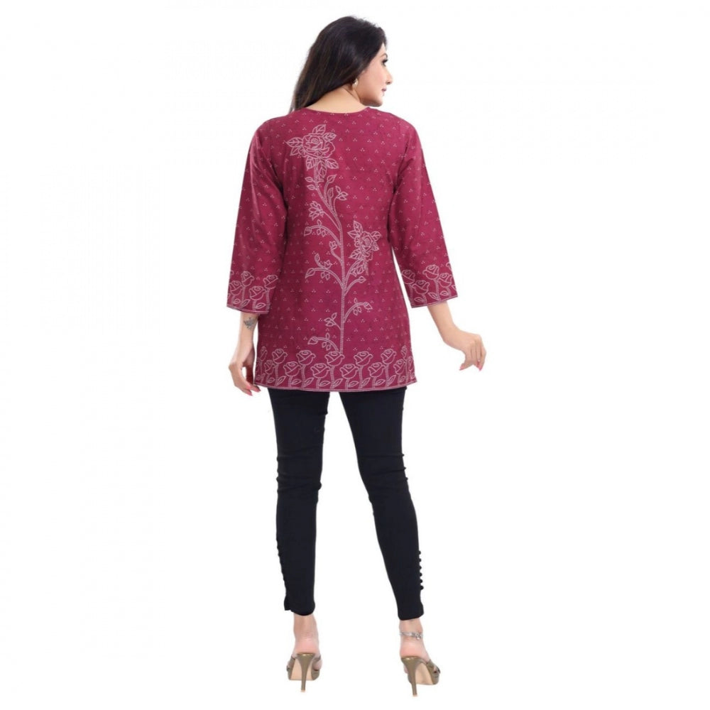 Alluring Quarter Sleeve Faux Crepe Printed Short Kurti Tunic Top