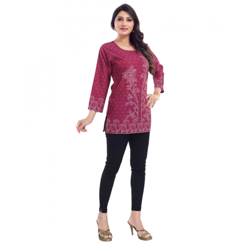 Alluring Quarter Sleeve Faux Crepe Printed Short Kurti Tunic Top