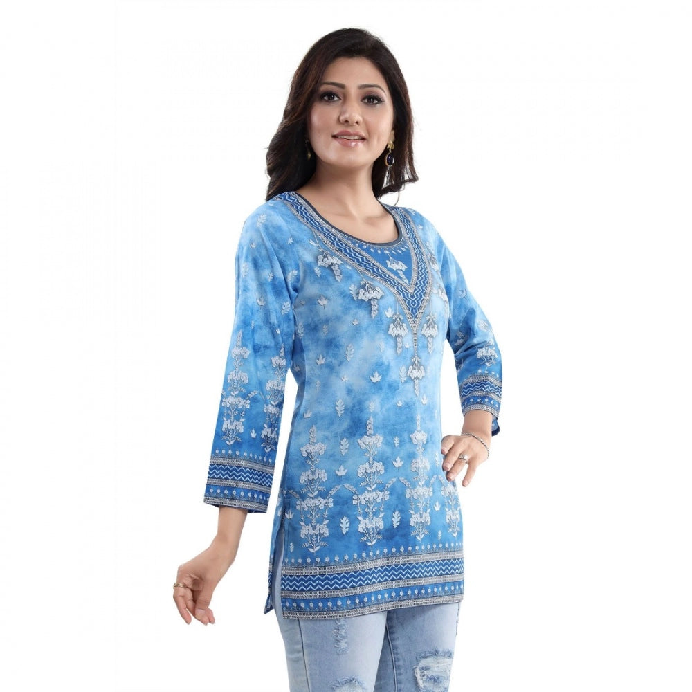 Alluring Quarter Sleeve Faux Crepe Printed Short Kurti Tunic Top