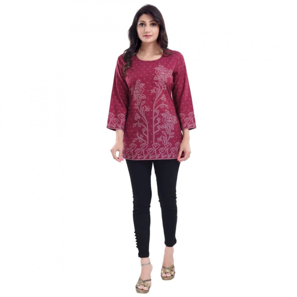 Alluring Quarter Sleeve Faux Crepe Printed Short Kurti Tunic Top