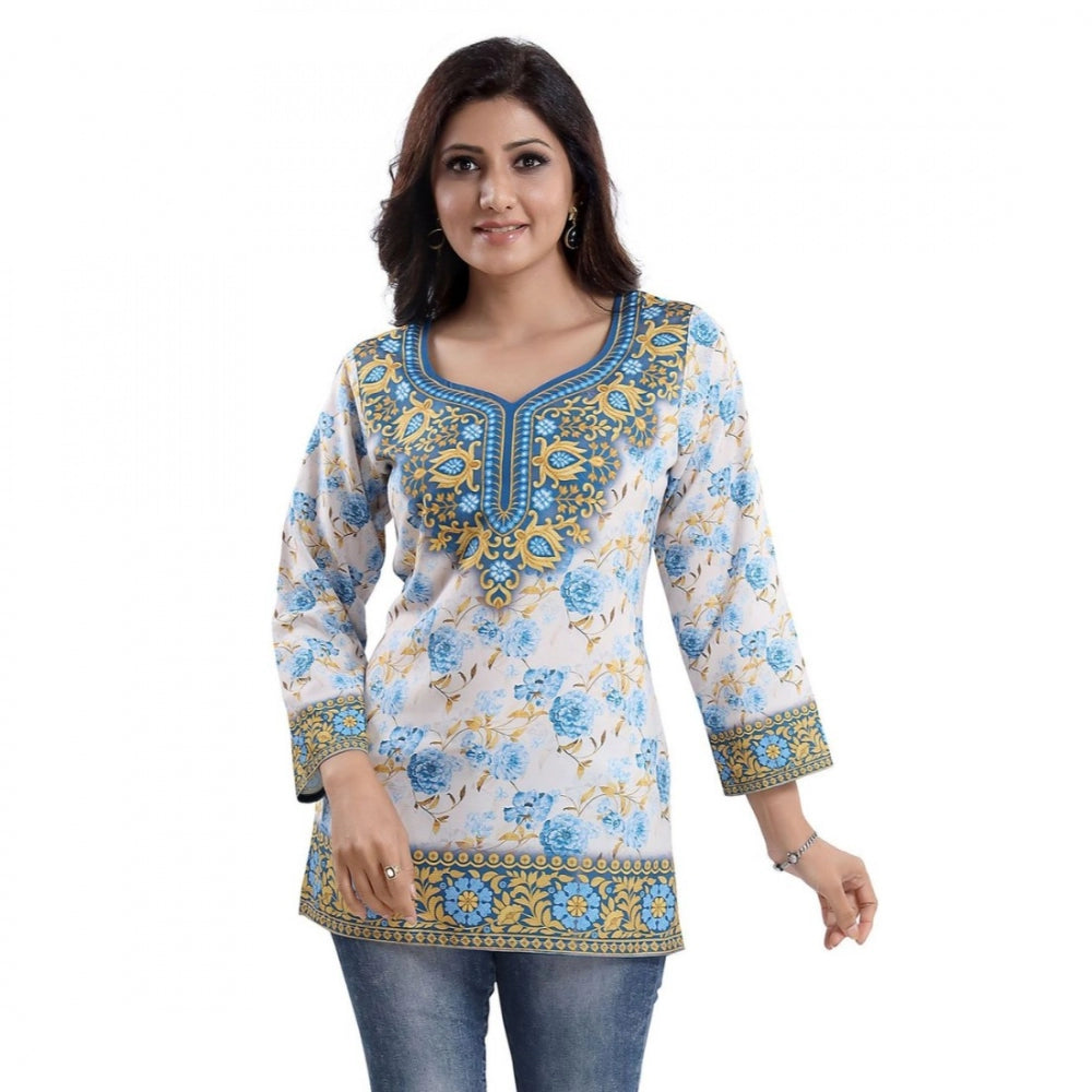 Alluring Quarter Sleeve Faux Crepe Printed Short Kurti Tunic Top