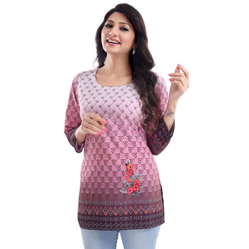 Alluring Quarter Sleeve Faux Crepe Printed Short Kurti Tunic Top