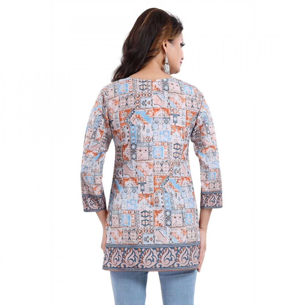 Alluring Quarter Sleeve Faux Crepe Printed Short Kurti Tunic Top