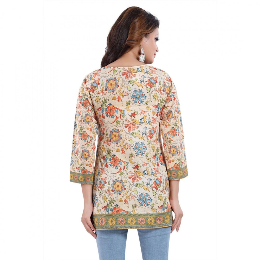 Alluring Quarter Sleeve Faux Crepe Printed Short Kurti Tunic Top